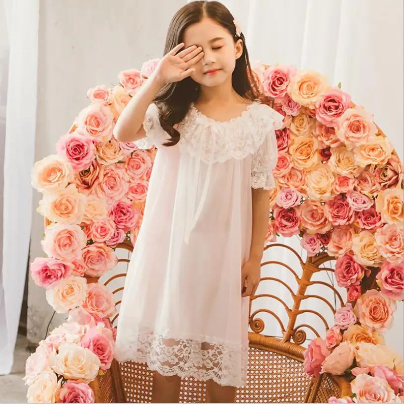 

4-14Y Girls palace style sweet sleep dress children lace patchwork short sleeve summer new Nightgowns home clothes kids ws613