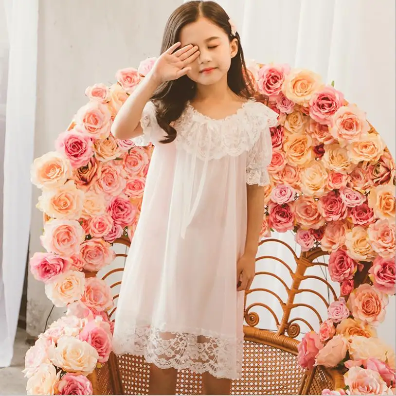 4-14Y Girls palace style sweet sleep dress children lace patchwork short sleeve summer new Nightgowns home clothes kids ws613