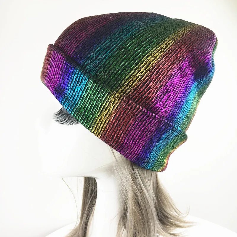 

Rainbow Colorful Print Punk Style Curled Knitted Beaines For Women Winter Acrylic Knitting Skullies Caps Hat Casquette Gorros