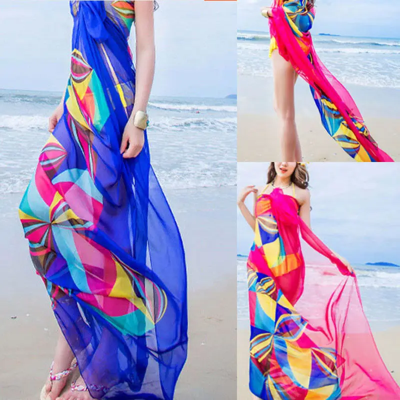 Women Cover-Ups Hot Sale Flower Print Women Sexy Chiffon Bikini Cover Up Beach Swimwear Dress Scarf Pareo Sarong Wrap