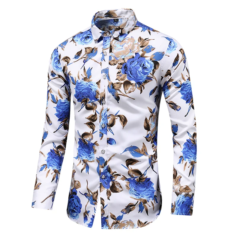 2023 Autumn Men Slim Floral Print Long Sleeve Shirts Fashion Brand Party Holiday Casual Dress Flower Shirt Homme Plus Size 7XL