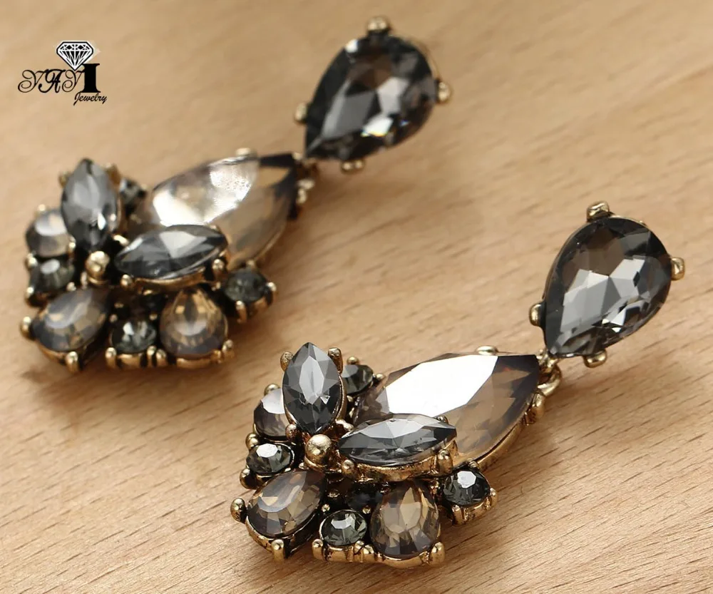 YaYi Jewelry New  Brown Glass Gray Rhinestone Dangle Crystal Earring Women\'s Fashion Ancient Gold Color Gem Earrings 1165