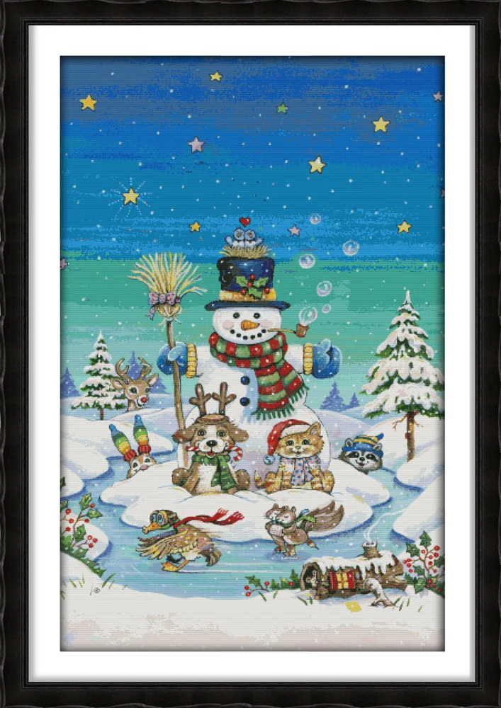 

Snowman cross stitch kit winter snow at night star on sky 14ct Pattern printed DMC embroidery handmade needlework craft supplies