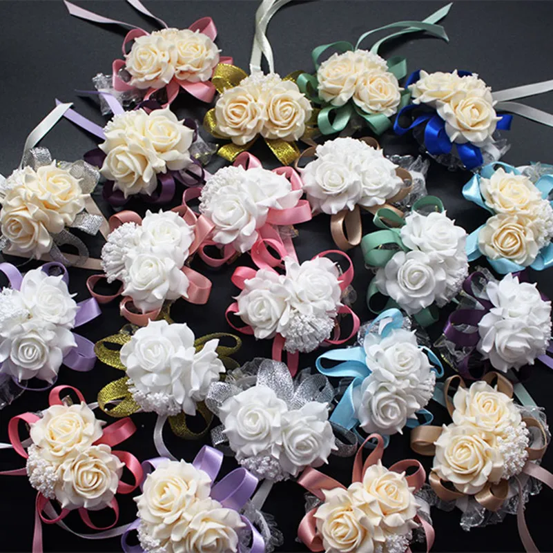 Wedding decoration mariage rose Wrist Corsages Hand Flower silk Lace PE Foam Artificial Brides Bridesmaid wrist flower christmas