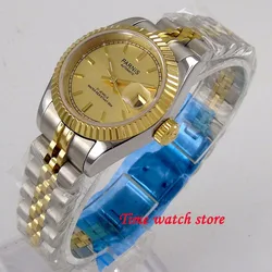 Parnis 26mm Ladies Watch  Miyota 6T51 Sapphire Glass Automatic Movement Womens Wristwatch Date Golden Dial Bezel solid