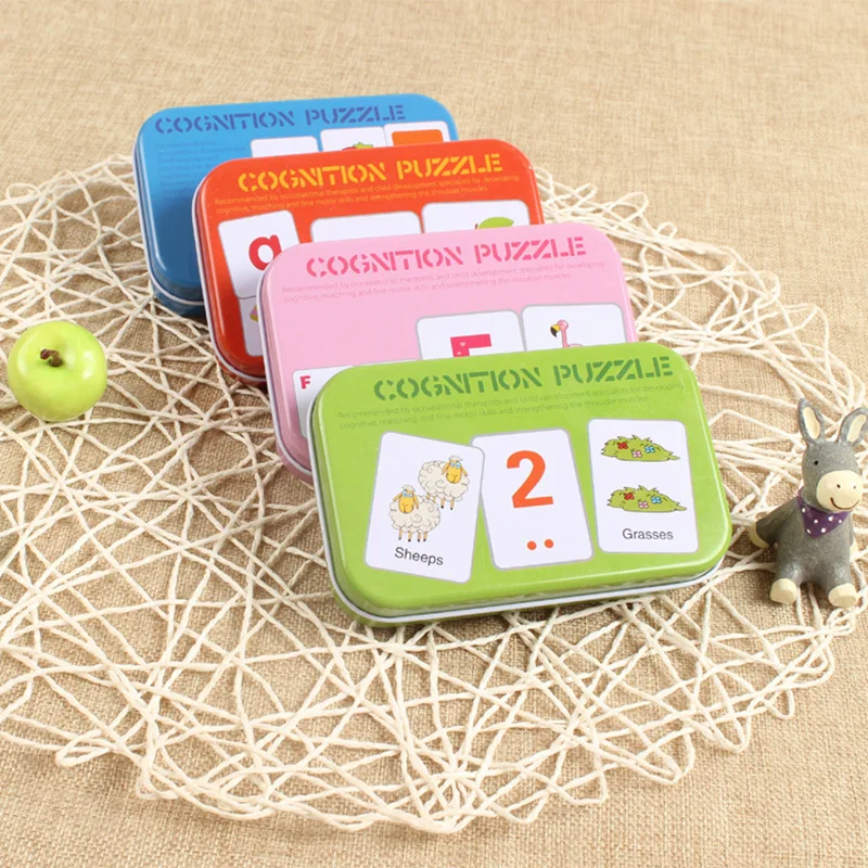 2018 Early Educational Montessori English Alphabet Shape Animal Match Game Puzzle Card Toys for Iron Box Package 3D Puzzle toys