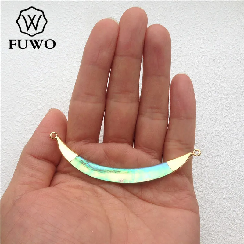 FUWO Natural Abalone Shell Double Loops Pendant With Golden Brass Plated Fashion Personality Long Horn Jewelry For Women PD501