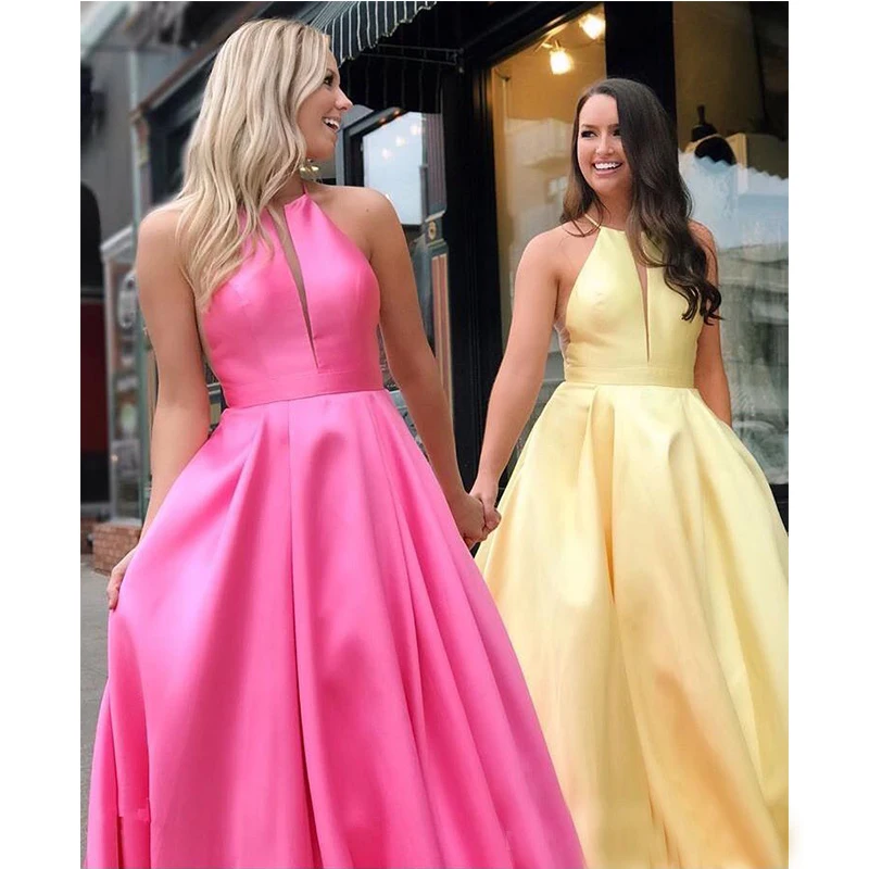 2019 rosa amarelo cetim longo vestidos de baile a linha formal vestidos de festa profunda o-pescoço especial ocasião vestidos de baile