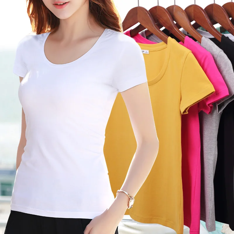 S-5XL Women\'s Cotton T-shirt Summer 2024 New Casual Elasticity O-neck Short-sleeve Slim Bottom T-shirt Girl\'s Tops Tees Female