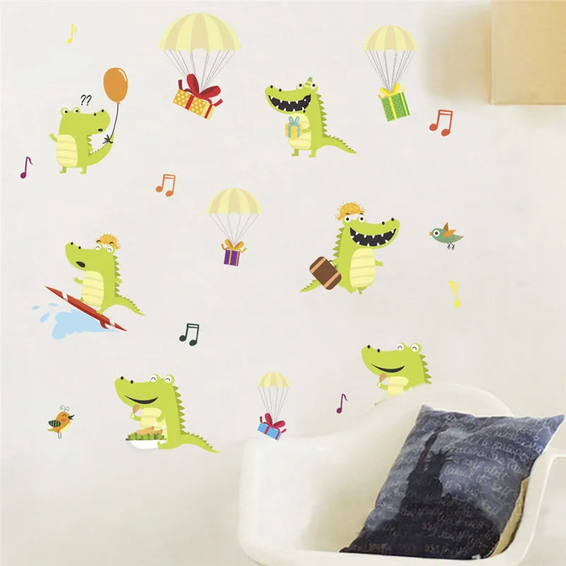 Cartoon  crocodile Parachute gift music Wall Stickers For Kids Rooms Nursery Children Decals Mural Decor Home Art Decoration