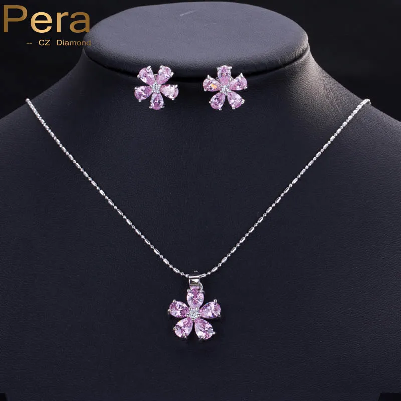 

Pera CZ Trendy Pink Cubic Zirconia Stone Silver Color Necklace And Earrings Women Fashion Jewelry Set For Christmas Gift J054