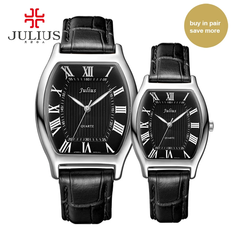 Julius JA-703 Lover Couple's Watch Classic Roman Numbers Pair Watches for Valentine's Gift Tonneau Shape Leather Strap Watch Uhr