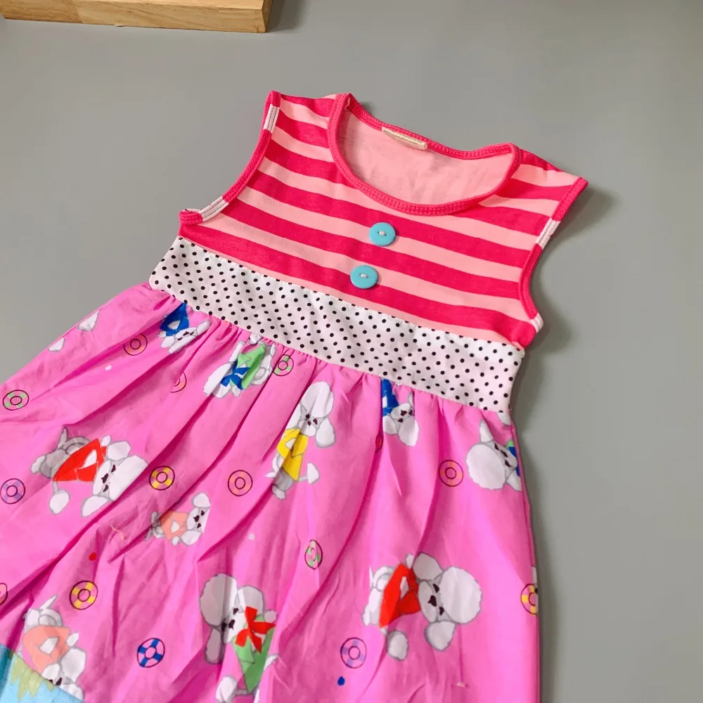 Summer Rose Red Stripe Cartoon Animal Sheep Middle Cotton Baby Girls Short Sleeve Outfit Children Flower Ruffle Party Dress