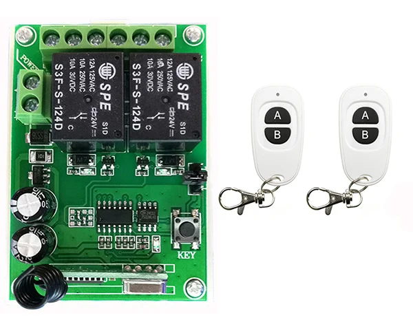 DC24V 2CH RF interruptor inalámbrico receptor de relé controladores remotos y teclas AB blancas transmisor impermeable/lámpara/ventana/puertas de garaje