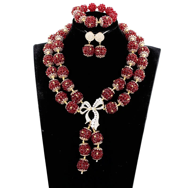 2017 Fabulous Burgundy Wine Nigerian Wedding Crystal Jewelry Sets Women Costume Bride Gold Statement Necklace Set ABH563