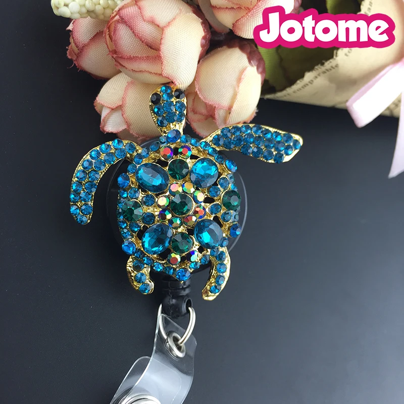 50pcs/lot Turquoise Rhinestone Sea Turtle Badge Reel Nurse Badge Retractable ID Badge Holder