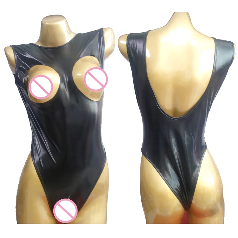 Sexy Backless Hollow Open Crotch Bust Bodysuit Faux Leather High Cut Bodysuit Latex Costumes Erotic Lingerie Leotard F16