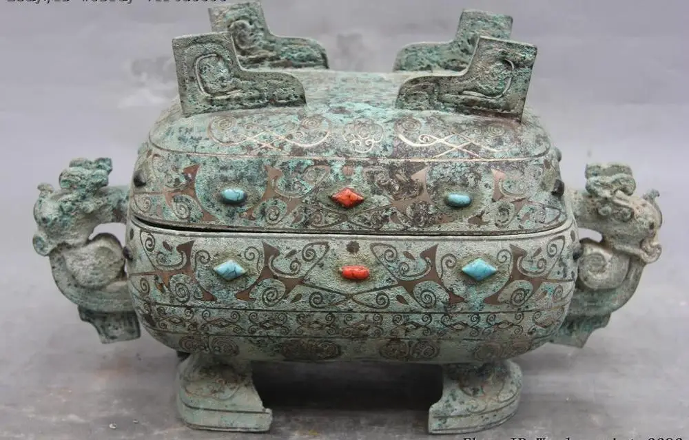 Chinese Dynasty Bronze Copper Silver-Gilt Two Dragon Lug Oblong Pot Box Jug Jar