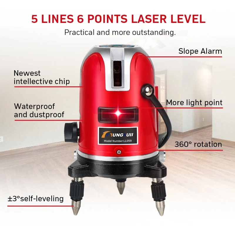 Laser Level 360 Self-Leveling Horizontal  And Vertical 5 Lines 6 Points  Powerful Outdoor Laser Cross Line with Carrying Case