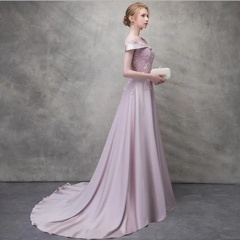 YNQNFS fuera del hombro escote barco satén rosa elegante vestido de fiesta vestido de noche vestidos de noche largos IED005