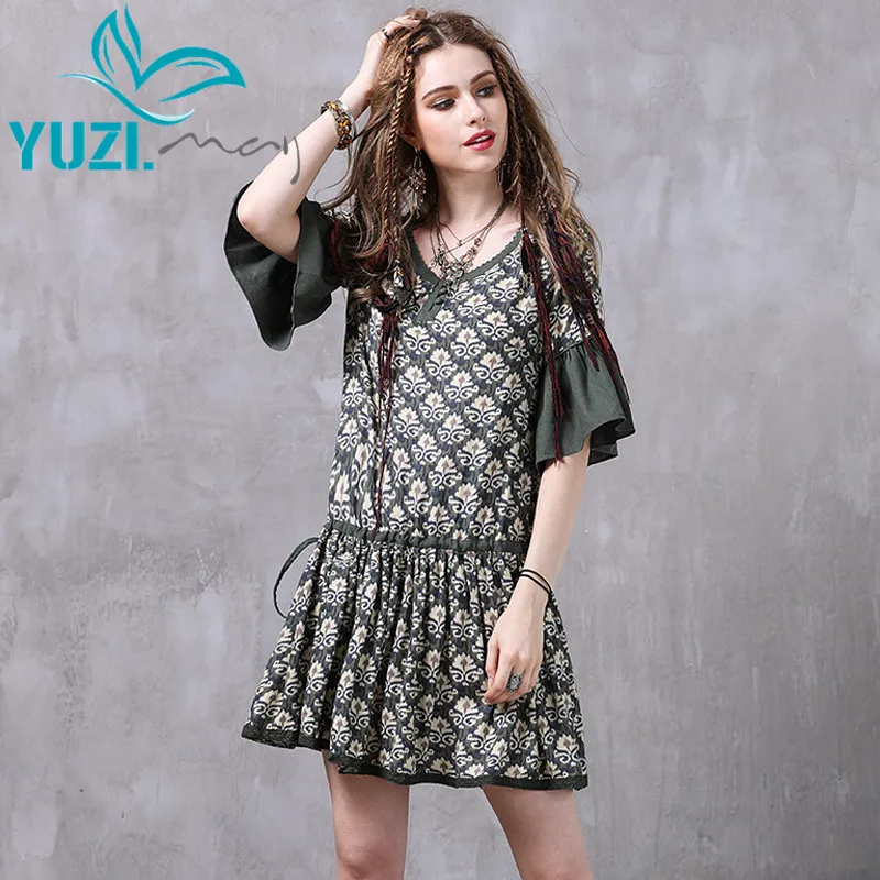 

Summer Dress 2017 Yuzi.may Boho New Cotton Linen Vestidos A-line Falre Sleeve Floral Print Adjustable Waist Women Dresses A8222