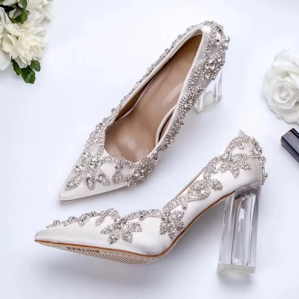 Wedding Shoes Bride Clear Heels Crystal Pumps Christmas Day Evening Party Luxury Queen Satin Silk 10cm Square Heel Plus Size 10