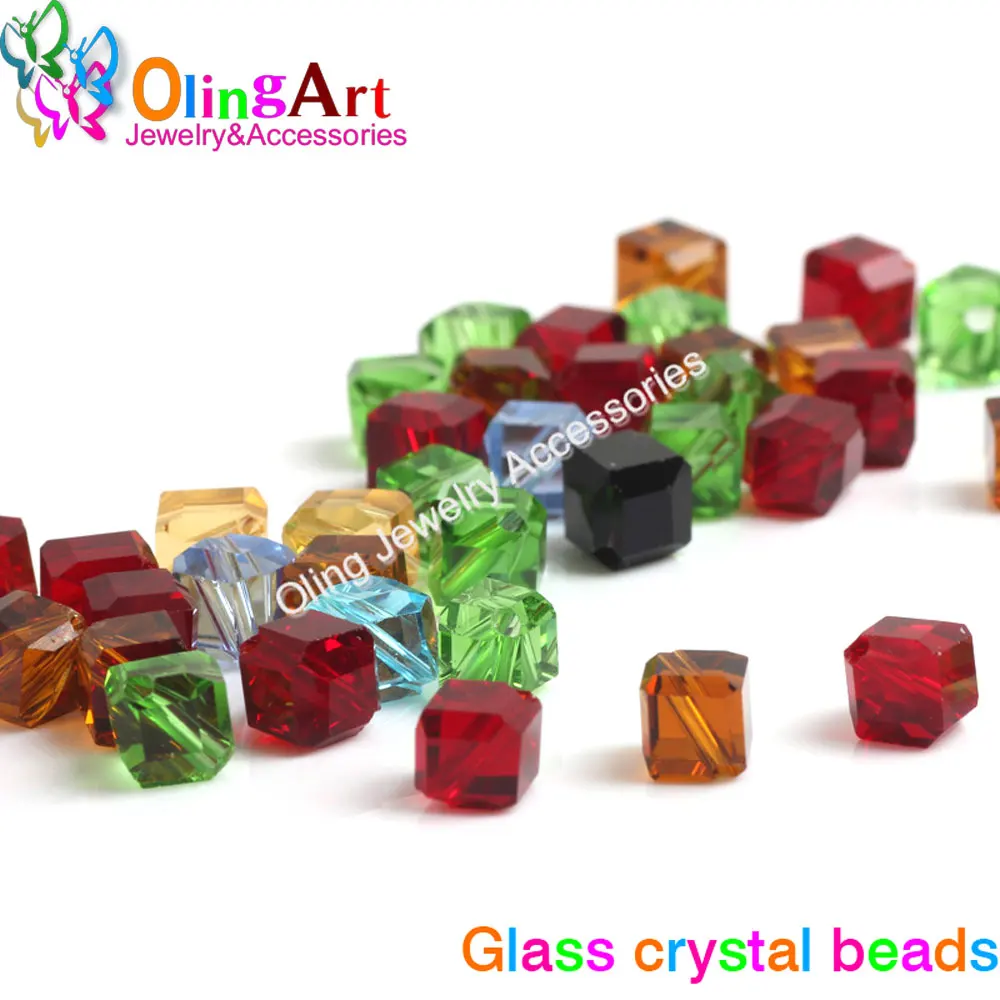 OlingArt 100pcs 6MM Multicolor mixed Inclined hole square section crystal glass beads DIY bead choker necklace jewelry making