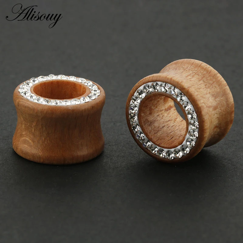 1PC Fashion Ear Plugs Wood Flesh Tunnels Zircon Crystal Rhinestone 8mm-16mm Saddle Ear Taper Body Piercing Jewelry Men Women