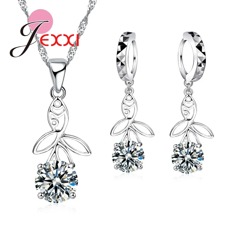 Funny Girls 925 Sterling Silver  Fish Design Jewelry Sets Accessories Cute Crystal Necklace Pendant&Earrings