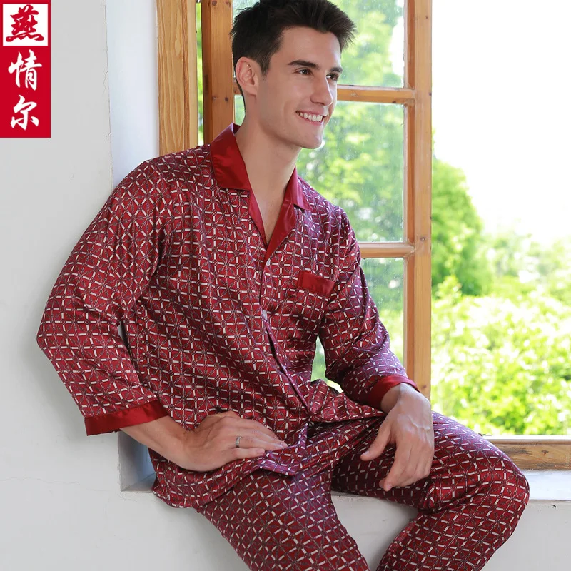 Men's Silk Pajamas Long Sleeve Summer Silk Sleepwear Top Pant Silk Homewear Adult Fashion Nightwear Plus Size 2pcs  D-2181