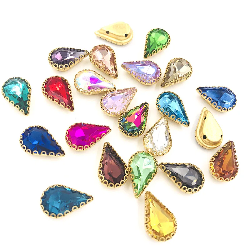 Hot 20pcs 8X13mm Teardrop flatback sew on rhinestones gold base pear shape losse rhinestones DIY wedding decoration Accessories