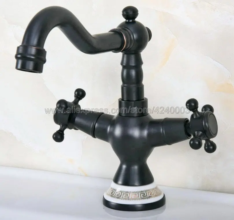 Basin Faucets Classic Black Antique Brass Bathroom Faucet Double Handle Swivel Spout Deck Sink Mixer Water Taps Knf649