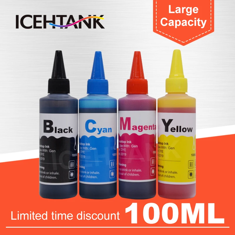 ICEHTANK 4 Color Dye Ink Refill Kit For HP 901 350 351 62 56 57 27 28 343 337 338 60 61 74 75 131 135 XL Printer Ink Cartridges