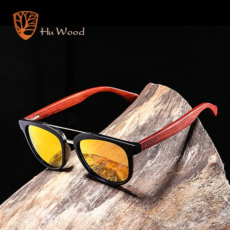 Hu wood-óculos de sol espelhado e prateado, lentes de bambu, masculino, armação de plástico polarizada, sombra, azul, gr8018