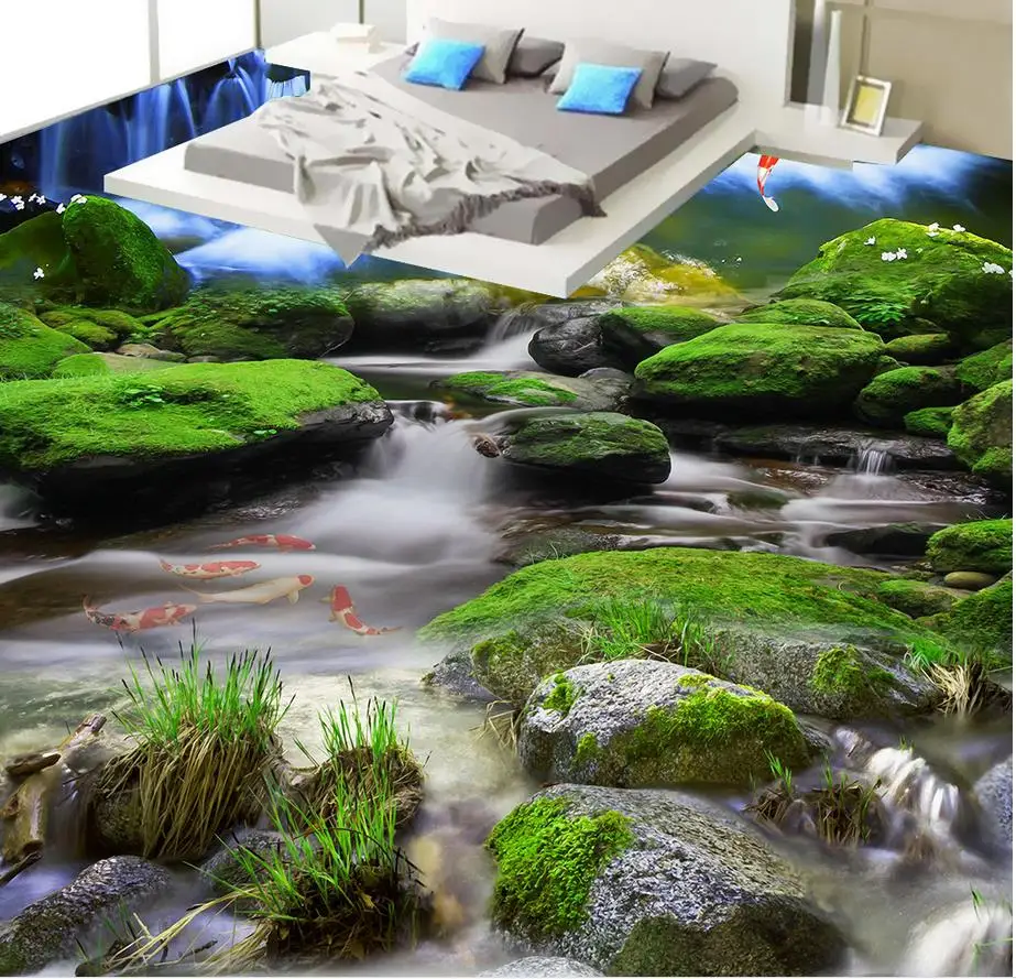 

3d floor wallpaper Rock Creek waterfall naked eye 3D floor Home Decoration PVC wear waterproof