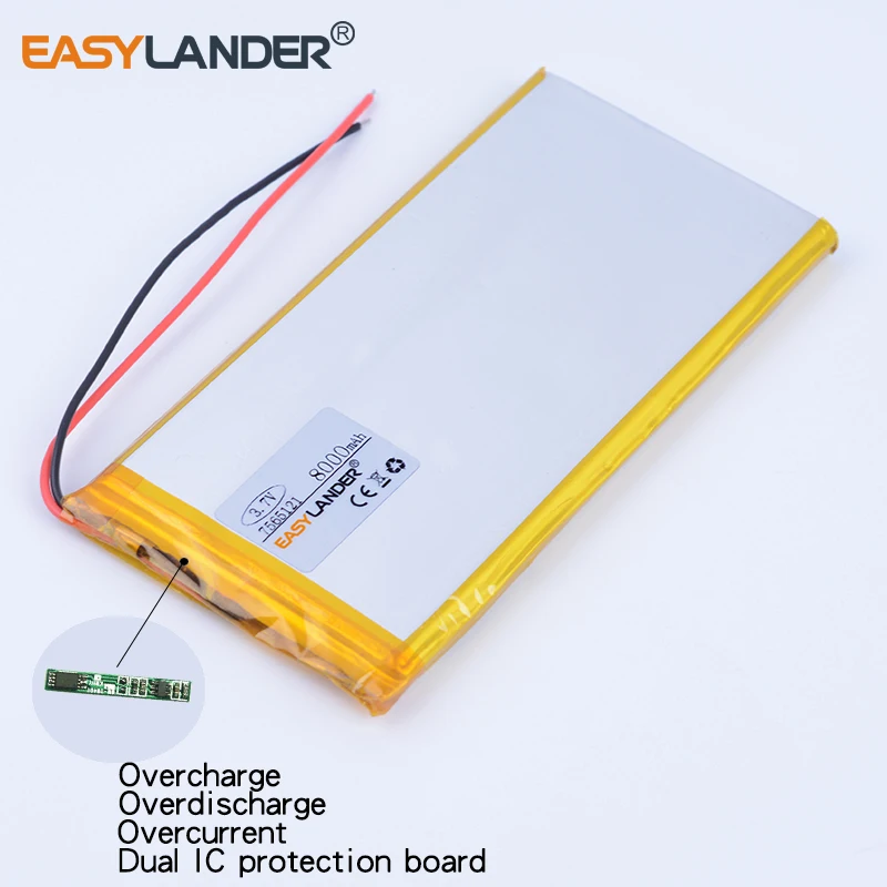 

10pcs/Lot 7565121 3.7V 8000mAh Rechargeable li Polymer Li-ion Battery For PAD E-Book GPS PSP DVD Power bank Tablet PC Laptop