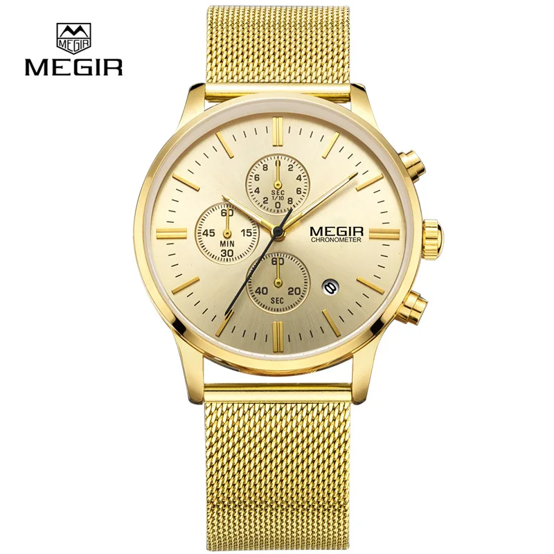 MEGIR fashion men\'s business quartz watches casual stainless steel mesh band wristwatch man luminous dress watch for male 2011G