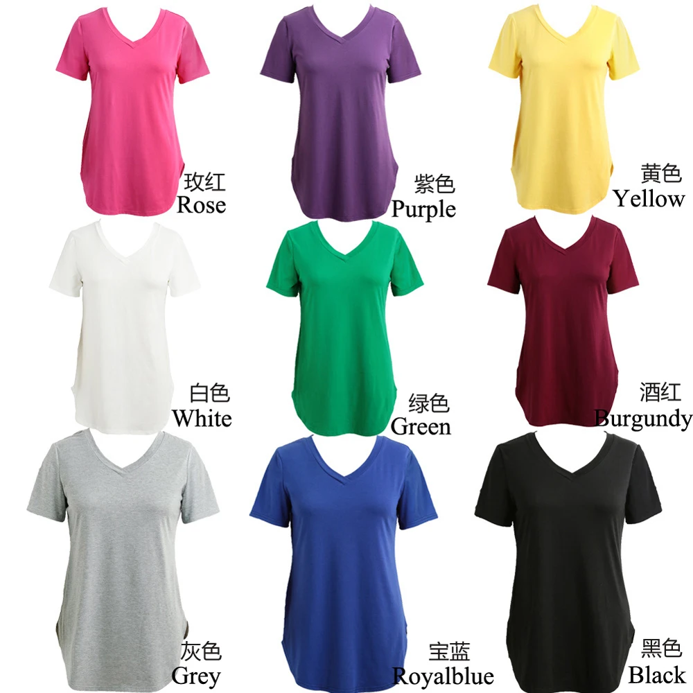 Camiseta de verano de talla grande para mujer, Camiseta básica, camiseta lisa con cuello en V de manga corta, Tops largos informales para mujer,