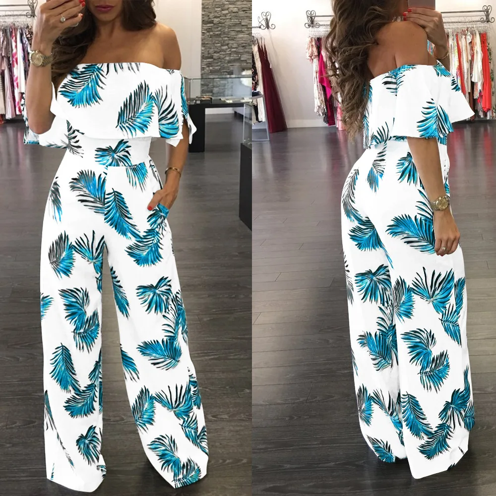 Hot Verkoop 2019 Nieuwe Sexy Off Shoulder Bloemenprint Spandex Jumpsuit Boho Stijl Party Strand Jumpsuit Vakantie Romper Overalls