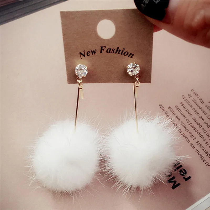 Boucles d\'oreilles longues pendantes avec pompon doux pour femme, boule de fourrure de lapin, boucle d\'oreille en cristal, bijoux mignons, cadeau de