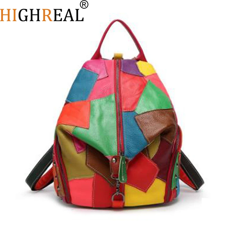 

Women Genuine Leather Backpack With Soft Handle Designer High Quality Sheep Skin Patchwork Rivet Backpacks For Travel 2 Colors