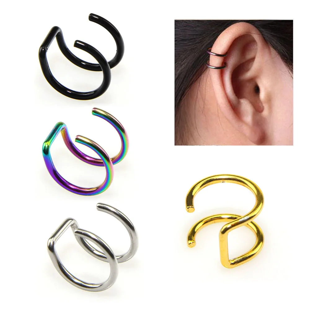 16G Stainless Steel Ear Cuff Fake Ear Clip Women Dilatations False Ear No Piercing Ear Studs Double Layers Earrings Body Jewelry