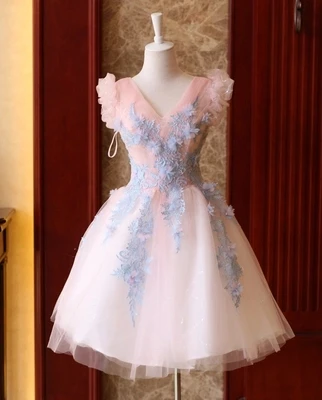 Free ship light pink light sky blue embroidery flowers tutu lovely sleeve short lolita dress