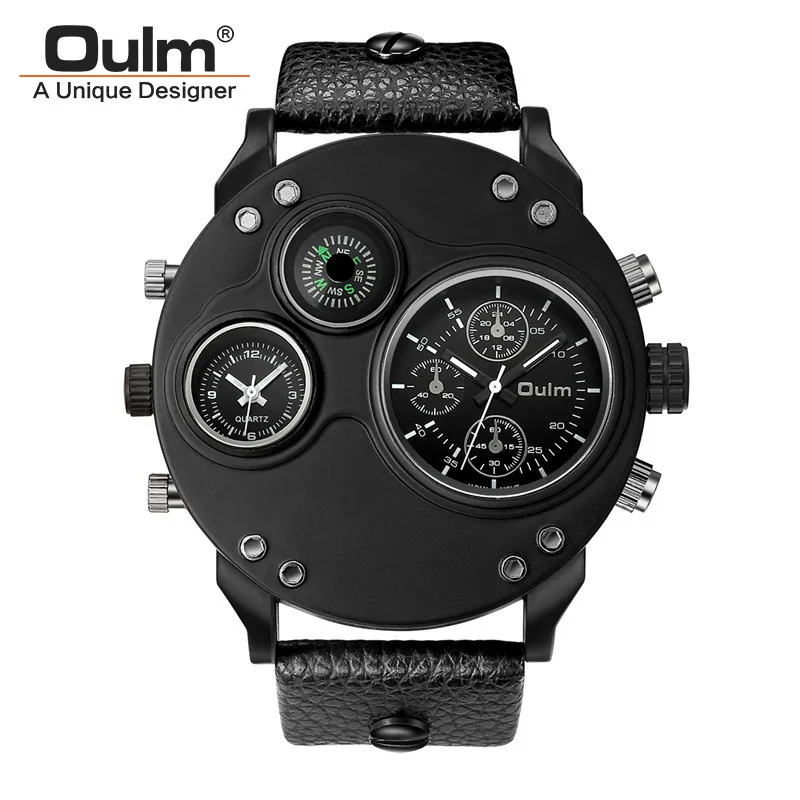 Oulm Fashion Men\'s Watches Black Leather Dual Time Zone Wristwatch Male Quartz Big Size Luxury Military Watch Dropshipping