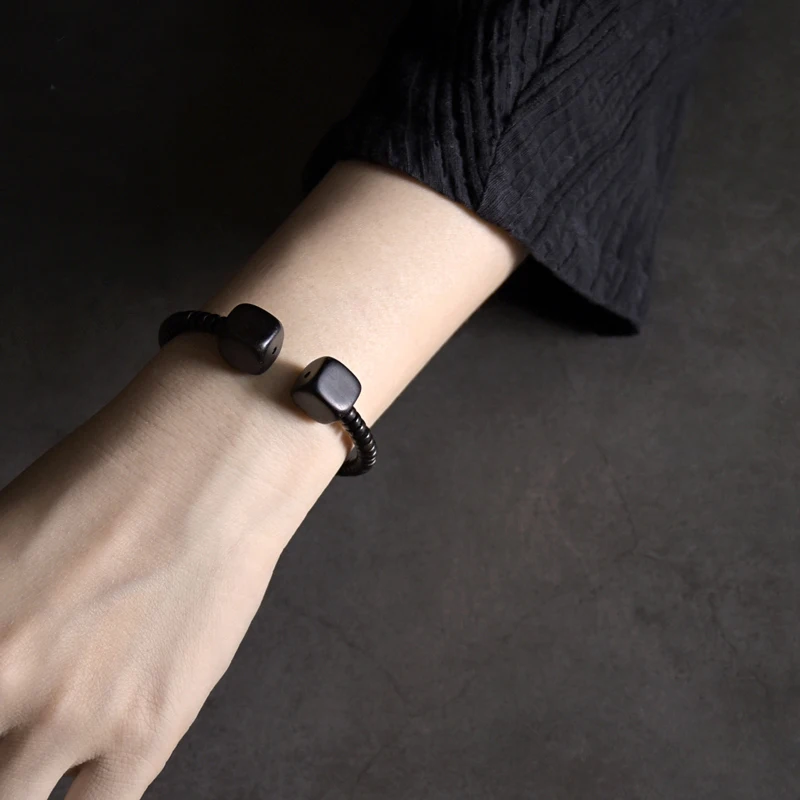 Ebony Black Wood Bracelet Cuff Bangle Simple Minimalist Open Size Adjustable Wrist Jewelry For Male Female Peace Health
