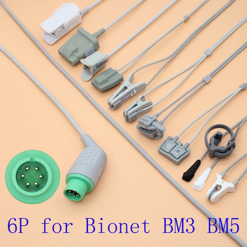 Compatibel 6pin Bionet BM3 BM5 Spo2 sensor kabel voor volwassenen/kinderen/kind/Neonate/veterinaire, vinger/Oor/Voet/Voorhoofd Sonde.