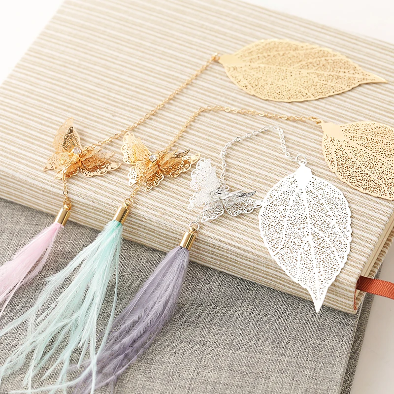 

Creative antique feather bookmarks metal Pendant butterfly leaf vein bookmark Children birthday gift Student stationery Supplies