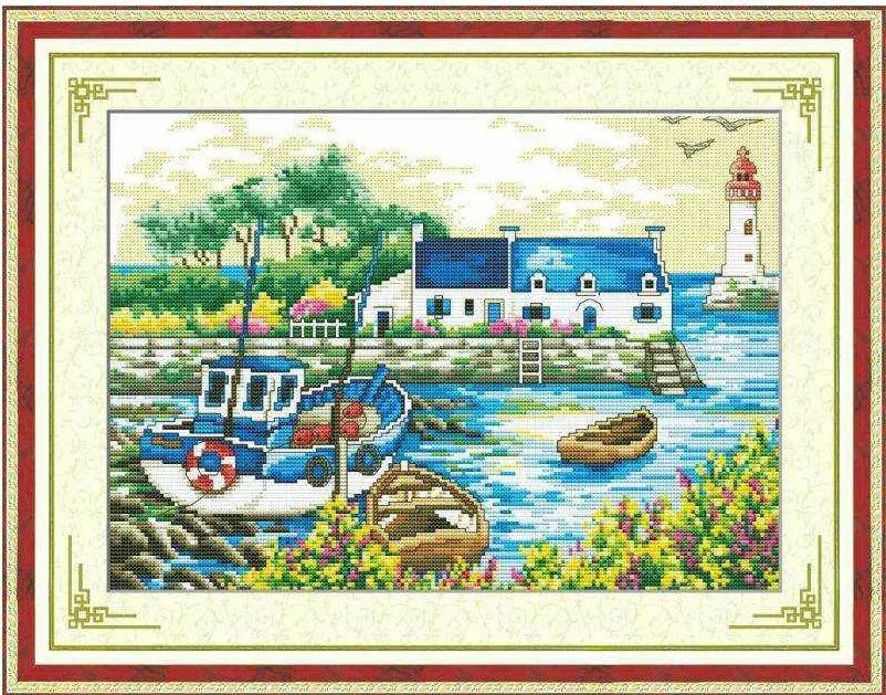 

51*38 Needlework,DIY DMC Cross stitch,Set For Embroidery kit,Scenery of Port River Boat Cottage Patterns Cross-Stitch,Wall House