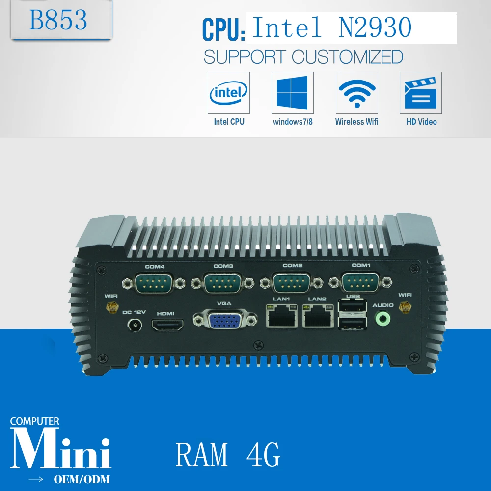 Industriële computer Bay Trail platform Quad Core N2930 Embedded Fanless Binnenboord 4G geheugen 6 * COM