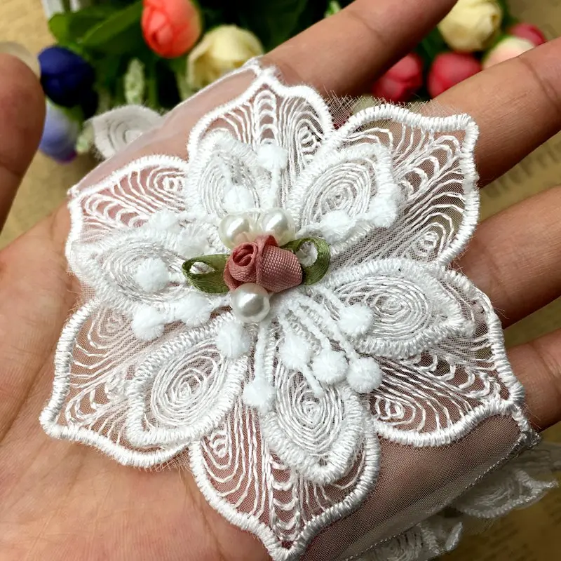 12 x Rosa Fiori di Perle Del Merletto di Modo Del Tessuto Trim Nastro Ricamato Applique accessori Fatti A Mano FAI DA TE Abito Da Sposa I Vestiti